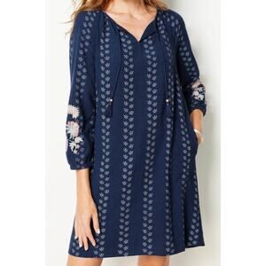 J. Jill Floral Embroidered Tunic Peasant Dress Batik Tie Pockets Navy Blue M